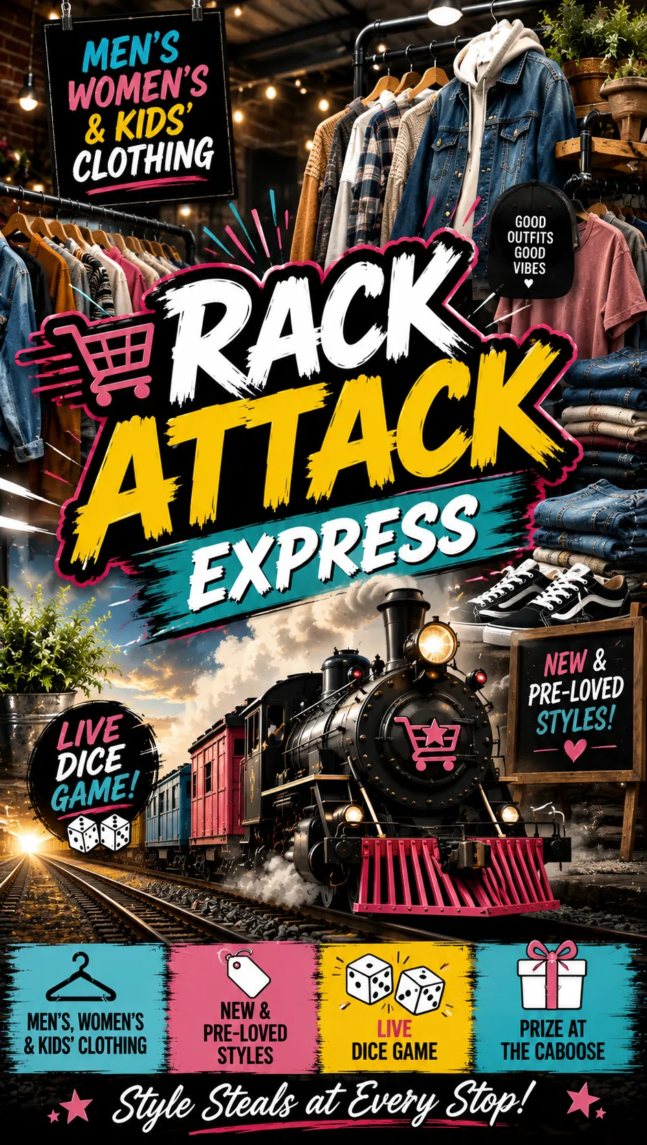 🛒🚂 Rack Attack Express | Men’s • Women’s • Kids’ Clothing 👕🛍️